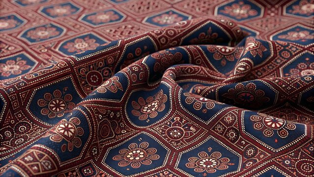 Seamless Sindhi Ajrak Pattern in Indigo and Maroon, Traditional Block Print Fabric Texture,High Detail Pakistani Ajrak Textile Design with Geometric Symmetry and Natural Dye Look