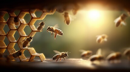 Busy bees working on honeycomb bathed in golden sunlight. Honeybees flying around hexagon honeycomb cells, producing honey with golden light
