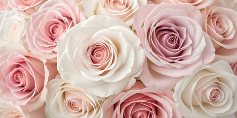 A tightly packed bouquet of fully bloomed roses in soft pastel pink and white, showcasing delicate petals and romantic elegance.