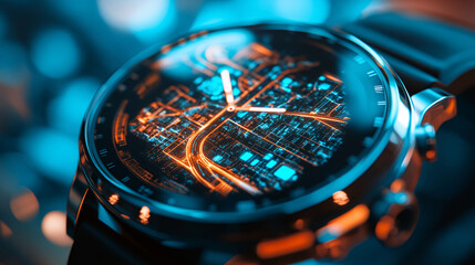 Close up of a futuristic smartwatch showing an illuminated circuit board.