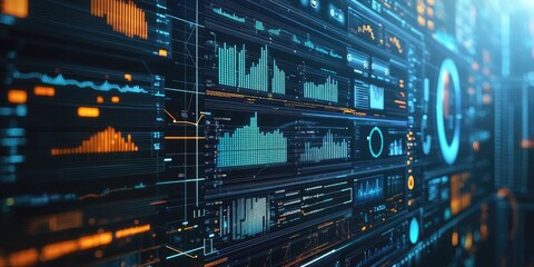 A digital interface with various charts and graphs, displaying data in a futuristic, high-tech setting.