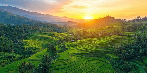 A breathtaking view of a lush, green rice field with a stunning sunset in the background, featuring a village nestled among the hills.