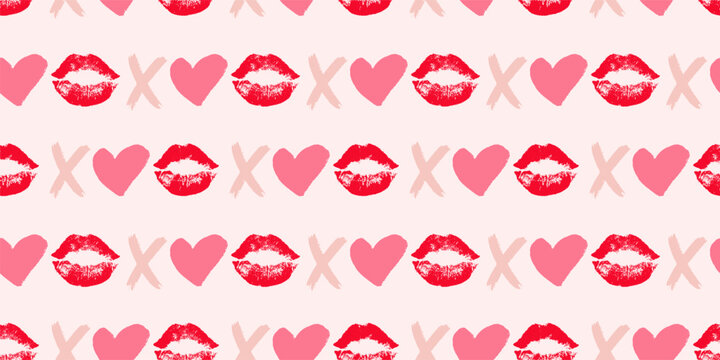 Pink seamless pattern with xoxo or lip prints, crosses, circles. Brush drawn geometric shapes or letters. Romantic and love motif with bold brush shapes. Seamless pattern for Valentine's day, wedding.