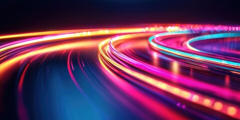 A vibrant, abstract light trail painting with a futuristic, digital theme, featuring a mix of neon colors and geometric shapes.