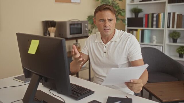 Man holds papers and gestures at computer monitor in office building while typing on keyboard; frustration problem solving.