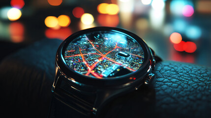 Smartwatch displays a glowing city map overlay against dark city lights.