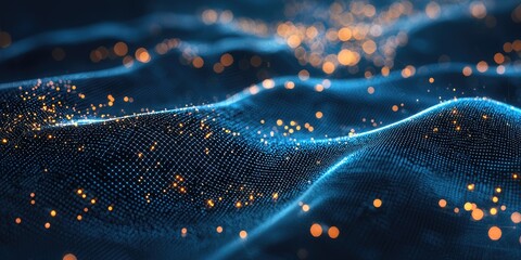 A blue and orange abstract wave pattern with glowing particles and a dark background.