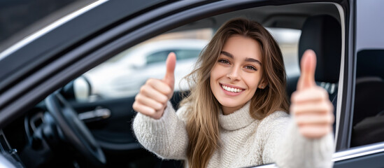 Beautiful smiling woman driving a new car and showing thumbs up, happy customer concept of car purchase, success and satisfaction, modern lifestyle image for automotive and marketing use