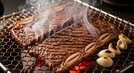 Korean BBQ Galbi Grilling with Smoke and Roasted Garlic