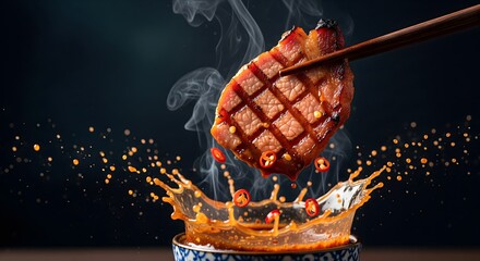 Grilled pork neck dipping into spicy Thai Jaew sauce with dynamic splash