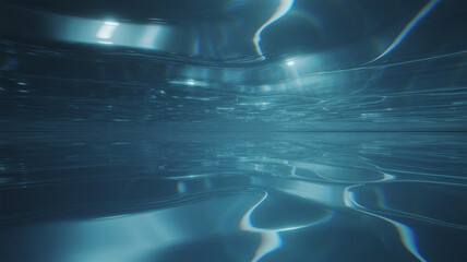 Abstract blue water surface reflecting light rays in calm liquid