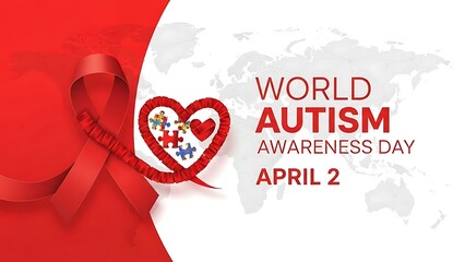 World autism awareness day banner with red ribbon heart and puzzle pieces on world map