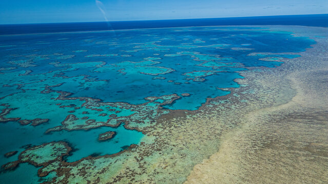 Aerial view of turquoise lagoons and intricate coral formations create a mesmerizing mosaic of textures along the Great Barrier Reef, Queensland, Australia.