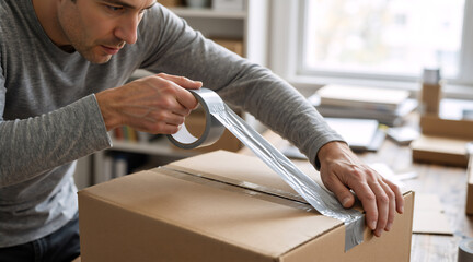 Man sealing a cardboard package with duct tape. Worker preparing a box for shipping, moving, or e-commerce delivery.