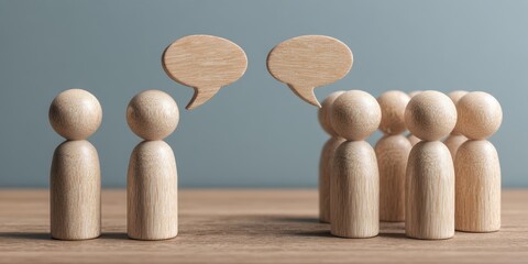 The wooden figures depicting individual dialogue contrasted with collective group communication and leadership