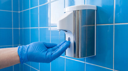 Gloved Hand Using Automatic White Soap Dispenser on Blue Tiles