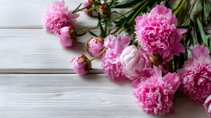 Fresh pink peony flowers arranged on white wooden background with copy space, perfect for wedding invites, floral ads