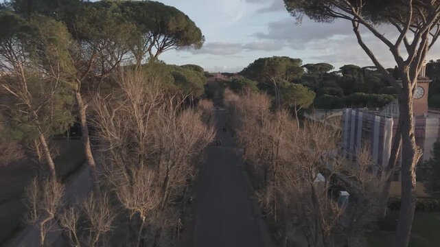 Aerial drone view of the Sea Horse Fountain (Fontana dei Cavalli Marini) in Villa Borghese, Rome. Cinematic shot of the historic park alley with the baroque fountain at the center.
