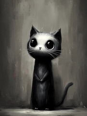schwarze Katze mit gro&szlig;en Augen - vor einem grauen Hintergrund - monochrom