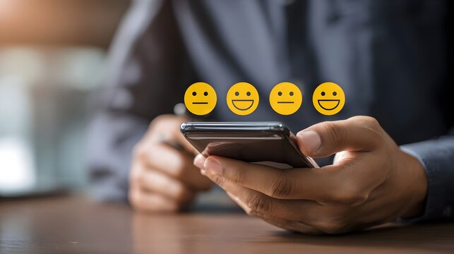 Customer giving star rating and feedback on a mobile app. Concept: Customer satisfaction, feedback, service quality measurement, online reviews, and business reputation management.