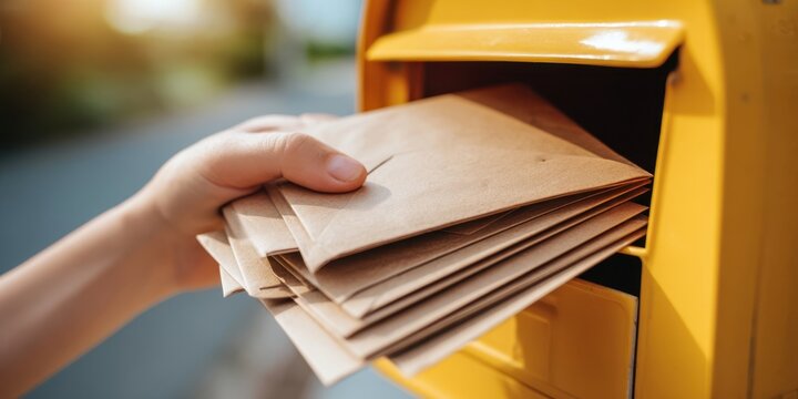 The Envelopes Being Placed Into A Yellow Mailbox By A Hand Outdoors