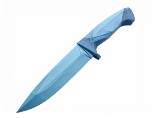 Blue origami knife paper sculpture with geometric art blade design displaying modern craft style. Sharp creative weapon object isolated on white background evokes artistic minimal aesthetic mood