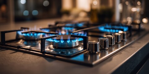 The gas stove burners glowing with blue flame on sleek stainless steel cooktop