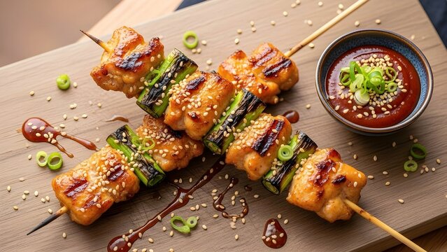 Korean street food Dakkochi. Two grilled chicken skewers with charred scallions, topped with sesame seeds and served with a bowl of spicy gochujang dipping sauce on wood.