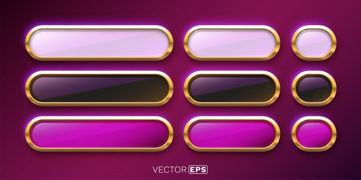 Luxurious golden button frames with glossy surfaces and neon glow. This elegant vector set features various shapes and vibrant colors.