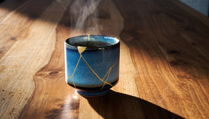 Peaceful blue pottery tea cup with gold vein details resting on wood table. Traditional japanese art style reveals beauty in repair. Hot steam rising in sunlight creates calm zen atmosphere
