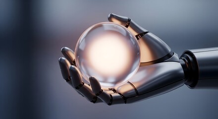 Fototapeta premium Robotic hand gently holding a glowing crystal sphere.
