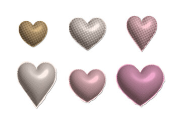 Halftone paper stickers of hearts set with glossy balloon texture. Valentines day collection love design elements in retro pop art style with Y2K aesthetic, collage, torn paper cutout effect. Vector