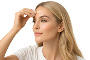 Fototapeta premium Young blonde woman applying beige adhesive bandage to forehead isolated on white background