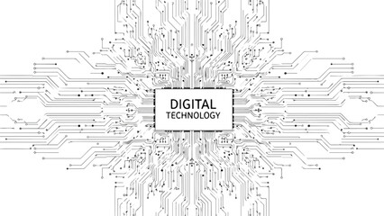 Futuristic digital technology concept background with abstract circuit board pattern, representing data flow, AI, network connections, and innovation in computer science.