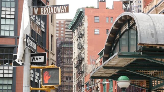 New York City old subway entrance, Franklin street and West Broadway, United States. American underground transport, Lower Manhattan Tribeca traffic. Metropolitan historic retro station, cast iron