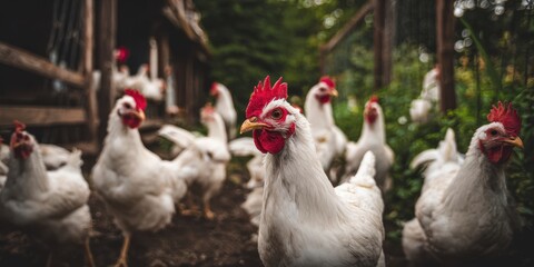 Fototapeta premium The White Hen Flock Gathering on a Rustic Farmyard Path in Soft Morning Light