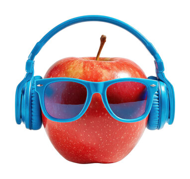 PNG Apple with blue headphones and sunglasses accessories accessory fruit.