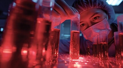 Scientist wearing a face mask and head cap examining a test tube filled with a red liquid solution, researching and experimenting with new medical treatments in a dark laboratory under red light