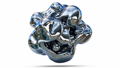 Abstract floating blob liquid chrome metal sphere featuring glossy silver reflection and shiny surface. Mysterious distorted mirror effect on smooth fluid steel drop isolated on white background