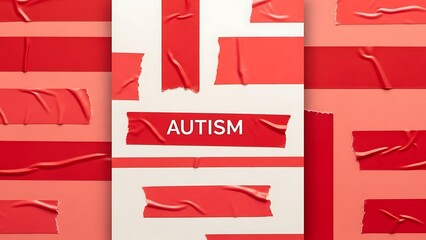 Red adhesive tape segments taped onto white paper symbolizing autism diagnosis and awareness concept