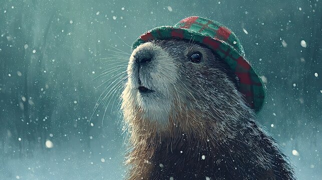 Groundhog phil wearing a festive plaid hat during a snowfall, looking expectant while predicting winter weather for the traditional groundhog day celebration