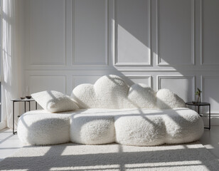Minimalist white interior design features large fluffy cloud sofa in sunny living room. Comfort meets modern style with bright sunlight and shadow on wall. Peaceful luxury home decor atmosphere