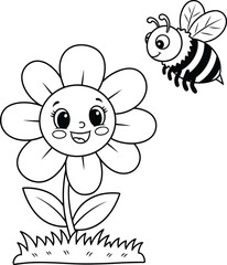 Obraz premium A cartoon flower with a smiling face and a bee flying nearby in a simple black and white illustration