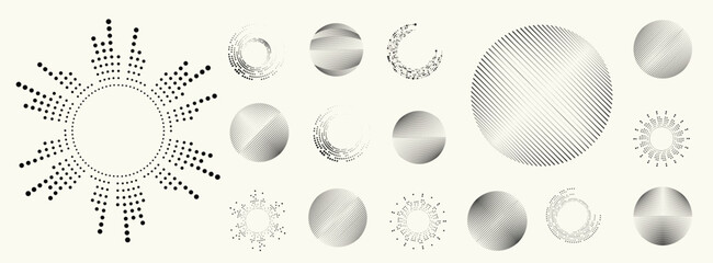 Fototapeta na wymiar Abstract circular halftones element set, geometric dotted ring and spiral circle shapes for modern design, technology, or motion graphic backgrounds. Dotted round elements, radial spirals, and vortex.