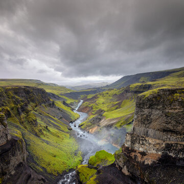 drone view of the Fossa River canyon in southern Iceland