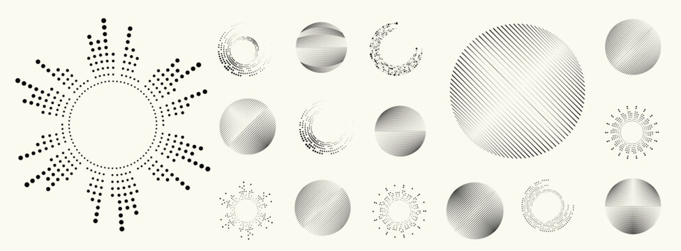 Abstract circular halftones element set, geometric dotted ring and spiral circle shapes for modern design, technology, or motion graphic backgrounds. Dotted round elements, radial spirals, and vortex.
