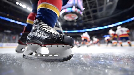 Ice hockey player on rink in sharp skates, low angle close up as teammates warm up in background, focused and ready for game or practice with intense determination