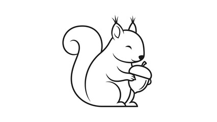 Cute Line Art Squirrel Happily Holding an Acorn, Isolated White Background