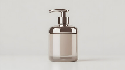 Obraz premium Elegant beige soap dispenser on a light surface for minimalistic style.