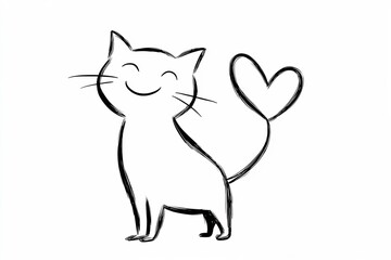 Fototapeta premium Minimal line art of smiling cat with heart-shaped tail